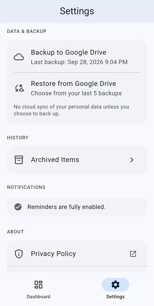 Settings: back up to Google Drive and restore from your last 5 backups