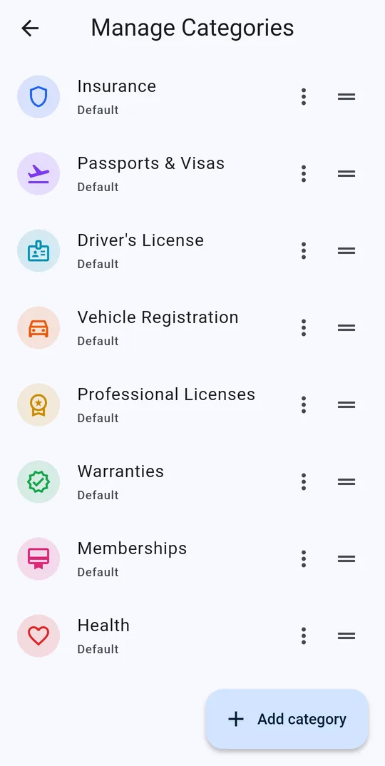 Manage Categories: Insurance, Passports and Visas, Driver's License, Vehicle Registration, Professional Licenses, Warranties, Memberships and Health, with a button to add a category