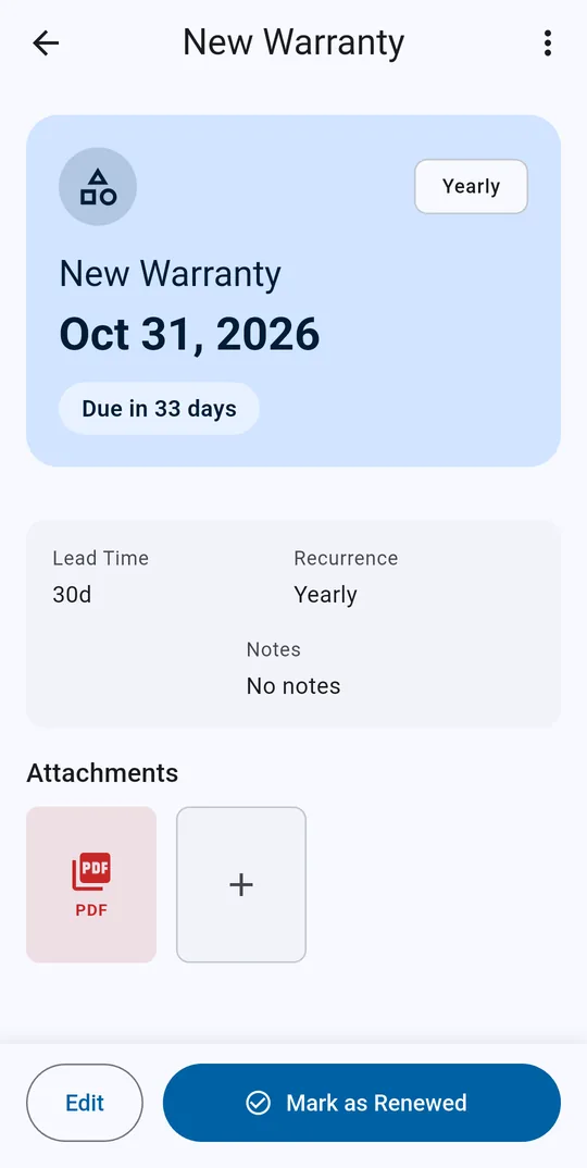 An item's detail screen: the due date, days remaining, lead time, recurrence, and an attached PDF