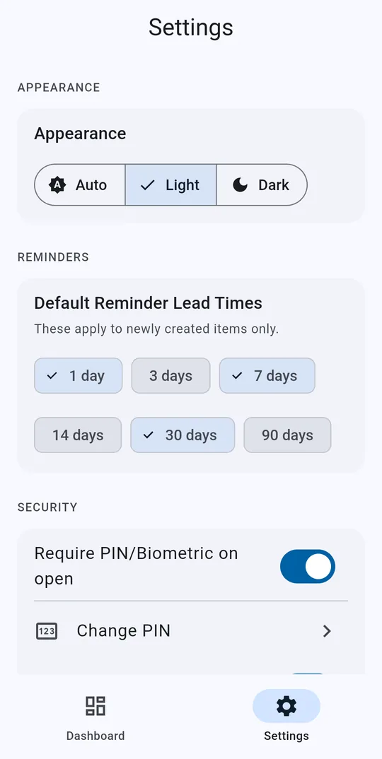 Settings: appearance, default reminder lead times, and Require PIN or biometric on open