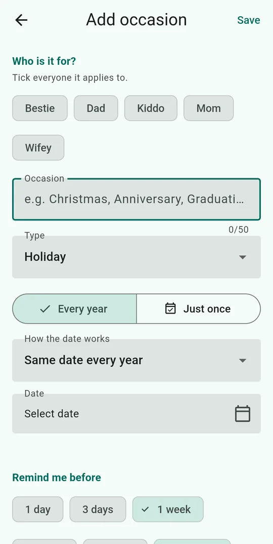 Add occasion: choose who it is for, the occasion name and type, how the date works, and when to be reminded