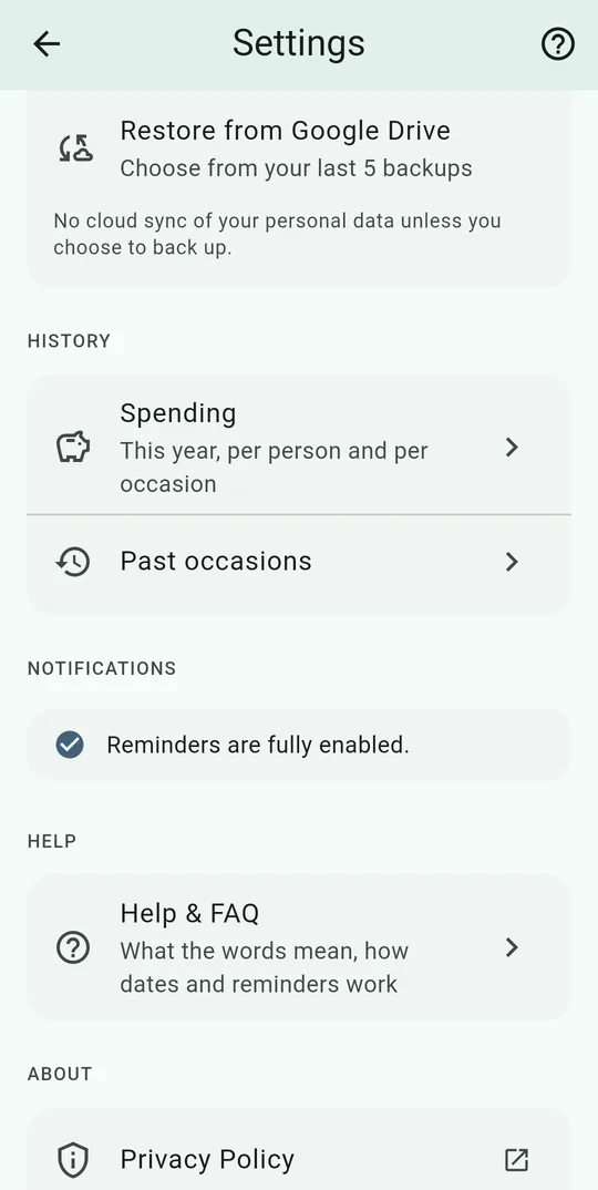 Settings: restore from your last 5 Google Drive backups, Spending and Past occasions