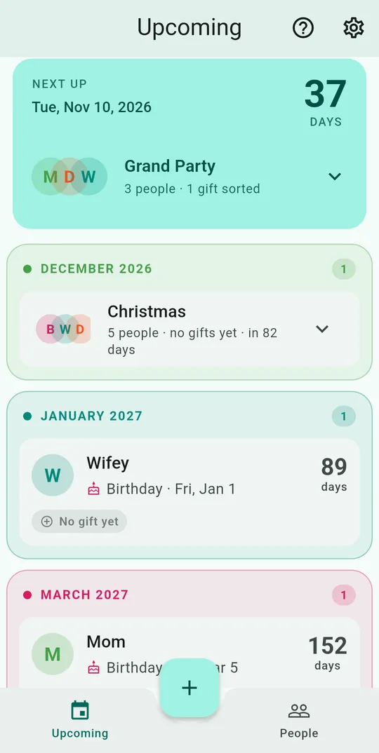 GiftMagpie Upcoming screen: the next occasion in 37 days with three people, then December and January occasions grouped by month