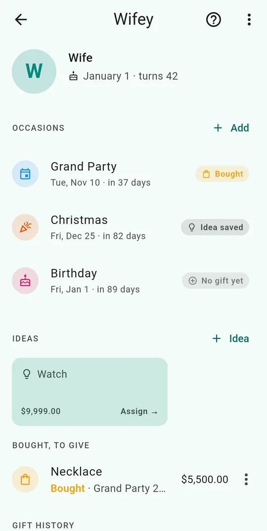 A person's page: their occasions with gift status, saved gift ideas with a price, and gifts bought but not yet given