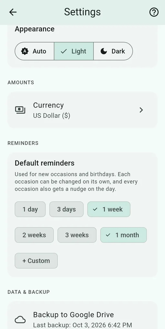 Settings: appearance, currency, and default reminders of 1 week and 1 month