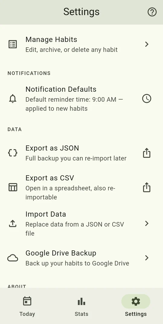 Settings: export as JSON or CSV, import data, and optional Google Drive backup