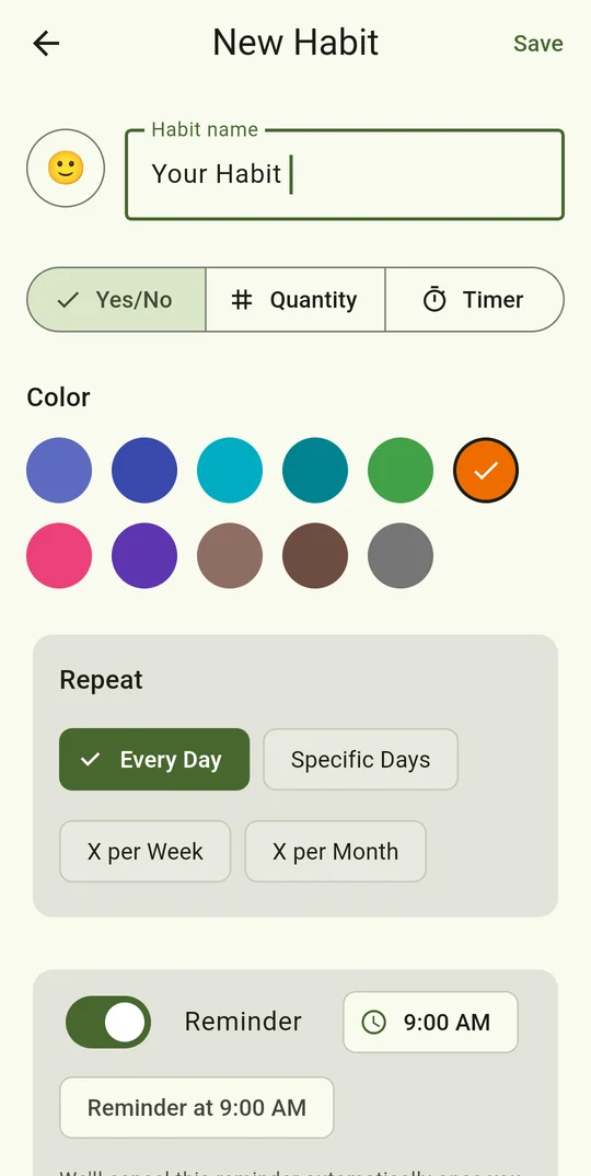 New Habit screen: choose Yes/No, Quantity or Timer, pick a colour, repeat every day, on specific days, X per week or X per month, and set a reminder