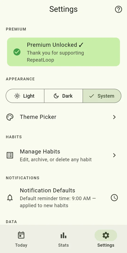 Settings: light, dark or system appearance and a theme picker