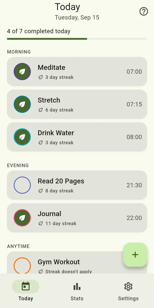 RepeatLoop Today screen: 4 of 7 habits completed, grouped into Morning, Evening and Anytime, each showing its current streak and time