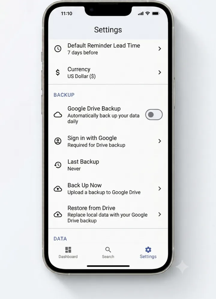 SubEagle Settings screen with an optional Google Drive backup toggle, currently off, and a manual Back Up Now option