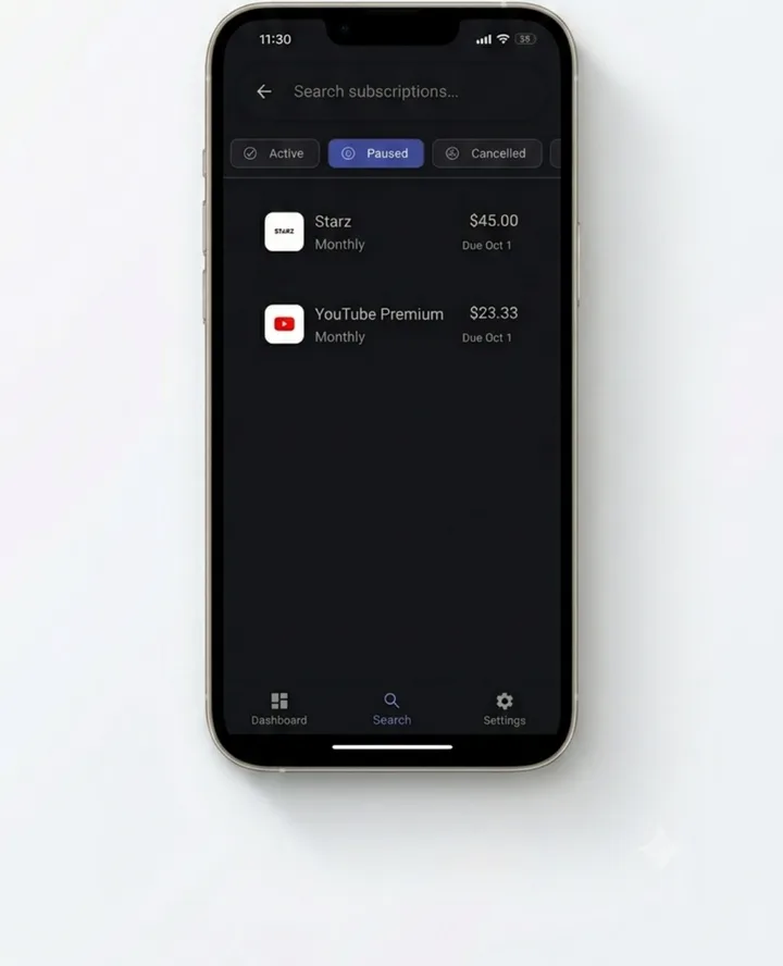 SubEagle Paused tab showing Starz and YouTube Premium moved out of the active total