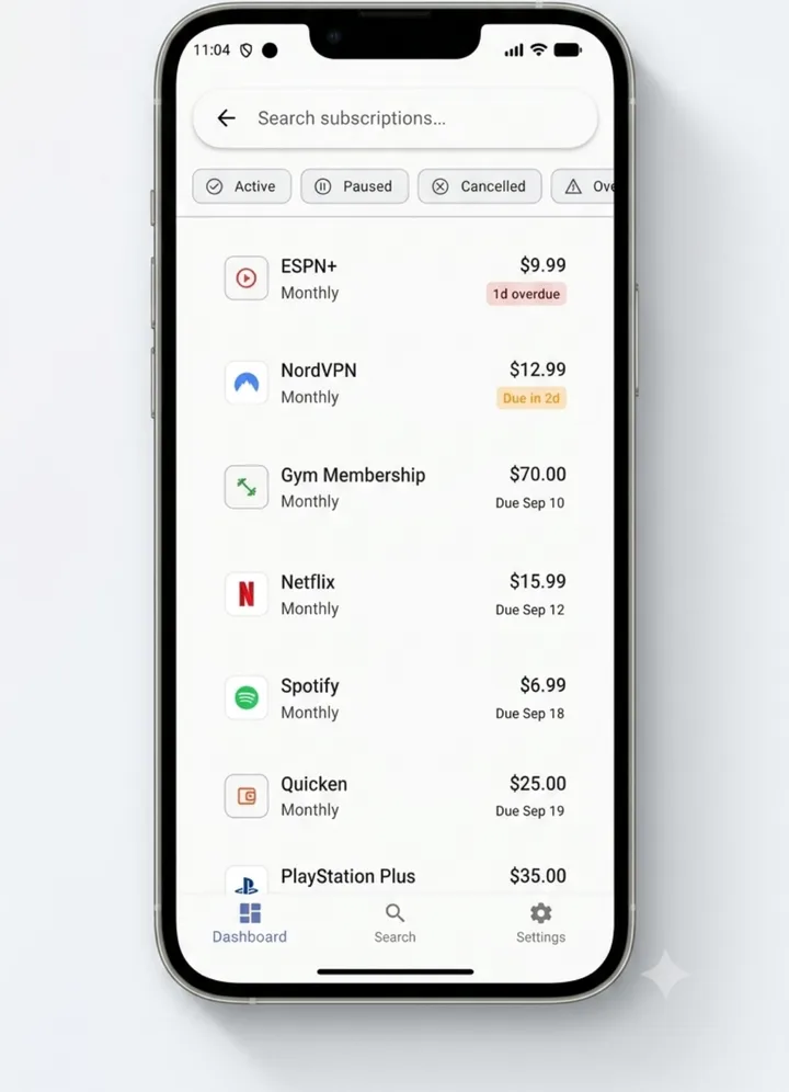 SubEagle screen with the tagline 100 percent private, no bank login, no account required, showing the subscription list