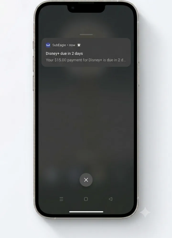 A phone notification reading Disney+ due in 2 days, your $15.00 payment for Disney+ is due in 2 days